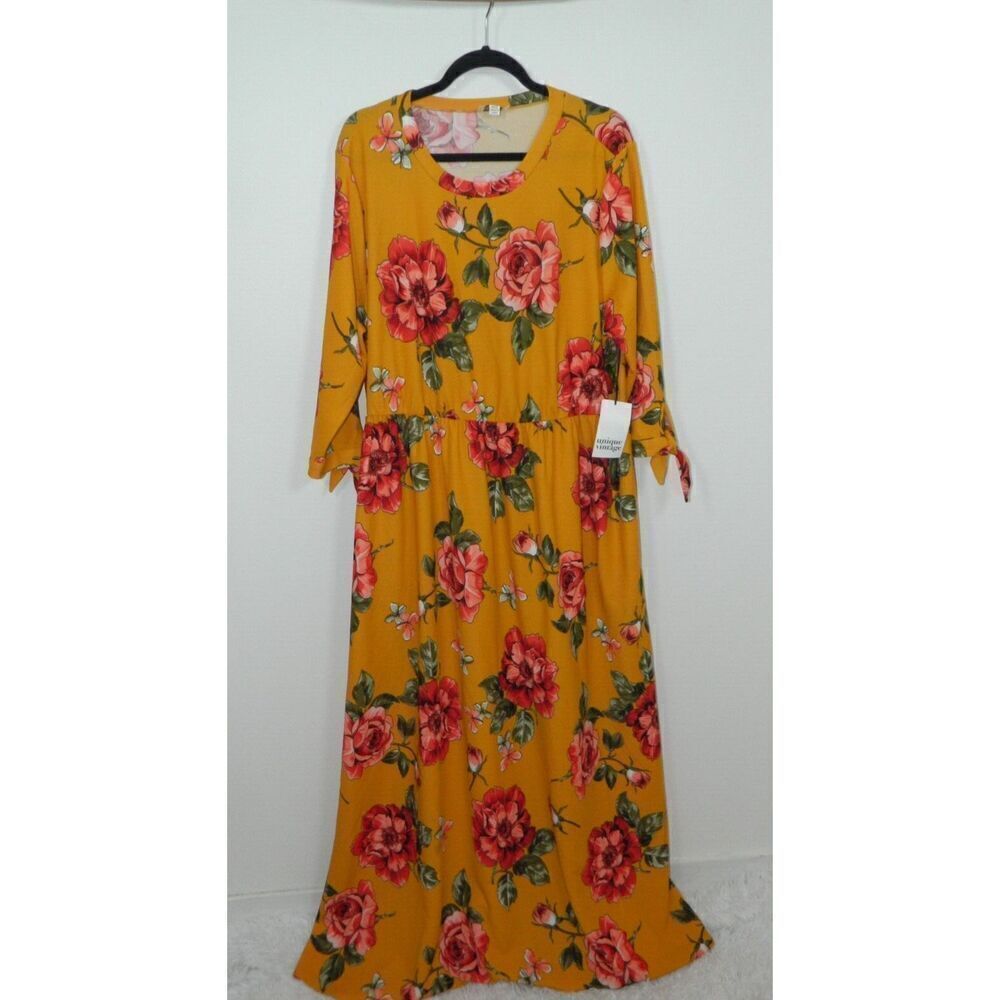 Unique Vintage Dress‎ Plus Size 3XL/20 Mustard Yellow Red Floral Maxi Dress